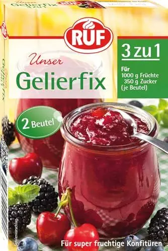 Produktbild: RUF Gelierfix 3 zu 1, veganes Geliermittel zum Einkochen und Gelieren von Marmelade, Konfitüre & Gelee, weniger süß, glutenfrei, 2 x 25g