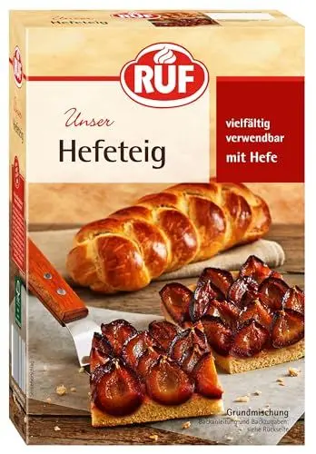 Produktbild: RUF Hefeteig mit Trockenbackhefe, schnelle Backmischung, Erfolgsrezept für Hefezöpfe, Hefeteig, Pflaumenkuchen, Pizzateig, Brot & Brötchen