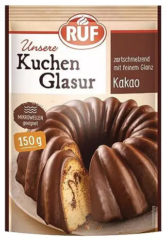 Produktbild: RUF Kuchen-Glasur Kakao, Schokoladen-Glasur im 150 g Beutel, mikrowellengeeignet, zum Glasieren von Plätzchen, Kuchen & Muffins, 1 x 150g