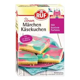 Produktbild: RUF Märchen Käsekuchen, märchenhafter Käsekuchen vom Blech mit buntem Farbmix in Rosa und Türkis, ideal für die Geburtstagsparty, 1 x 770g