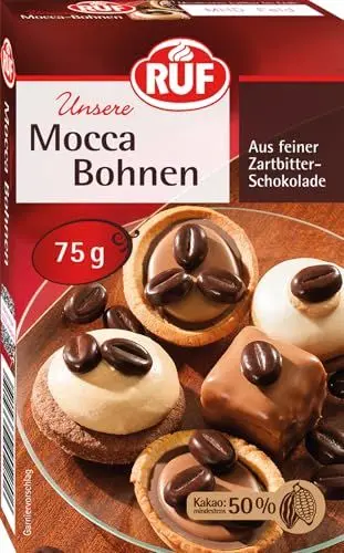 Produktbild: RUF Mocca-Bohnen aus feiner Zartbitter-Schokolade, zum Verzieren von Sahne-Torten, Kaffee-Desserts & Eis-Kaffee, mit mind. 50% Kakaoanteil, 1 x 75g