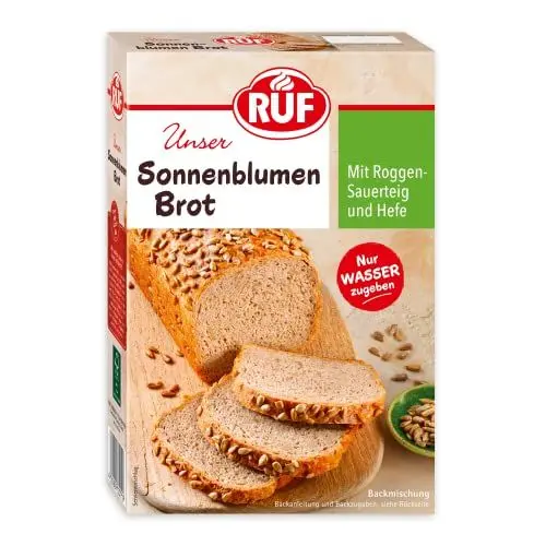 Produktbild: RUF Sonnenblumen Brot, nur Wasser hinzufügen, Brotbackmischung mit Sonnenblumenkernen, Brotteigmischung mit Roggen-Sauerteig und Hefe für Sonnenblumenkernbrot, 1 x 410g