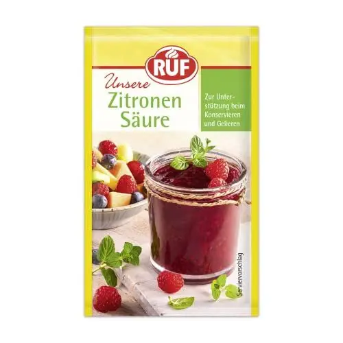 Produktbild: RUF Zitronensäure, zum Gelieren & Konservieren von Konfitüren, als Geschmack-Abrundung für Obst-Salate & Salatsoßen, zum Reinigen & Entkalken, 6 x 5g