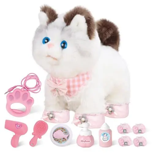 Produktbild: RuiDaXiang Elektronische Walking Plüsch Spielzeug Katze mit Fernbedienung Leine, realistische interaktive Begleiter Haustier Katze mit Zubehör, für 3-6 Jahre Jungen & Mädchen