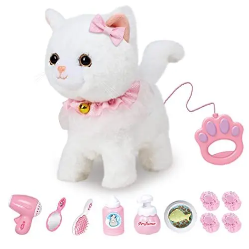 Produktbild: RuiDaXiang Plüschtierkatze mit Ferngesteuerter Leine, realistische interaktive Haustierkatze,die läuft,bellt und mit dem,inklusive Katzenzubehör(Weiß Katze)