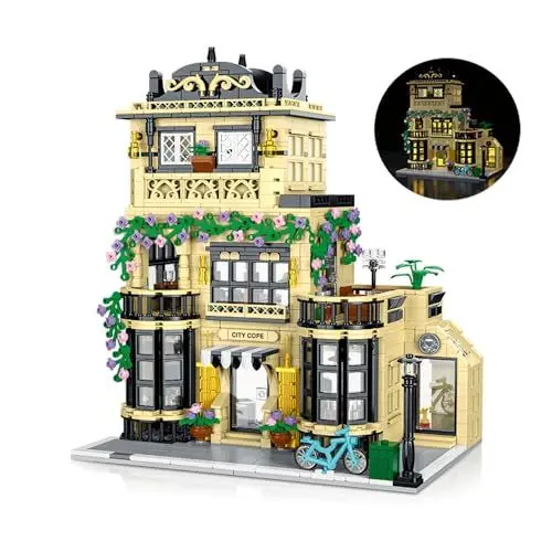 Produktbild: RuiDaXiang Stadt Café Architektur Baukasten,3 Ebenen Cafe Modell Bauklötze Spielzeug mit LED-Leuchten für Teenager, Erwachsene(1443 Stück)