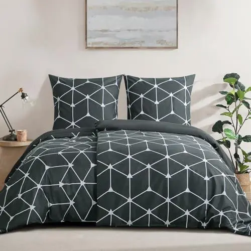 Produktbild: RUIKASI Bettwäsche 135x200 4teilig Anthrazit - Bettbezüge 135 x 200 2er Set mit Geometrie Muster, Bettwäsche-Sets 135x200cm aus Mikrofaser mit Reißverschluss Weich und Bügelfrei