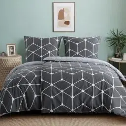 Produktbild: RUIKASI Bettwäsche 135x200 Baumwolle 4teilig Anthrazit - Baumwollbettwäsche 135 x 200 4tlg mit Geometrie Muster, Bettbezug Set 4 teilig Cotton mit Reißverschluss