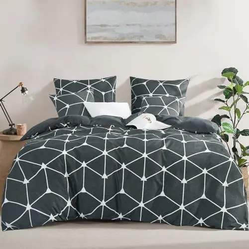 Produktbild: RUIKASI Bettwäsche 200x220 3 teilig Anthrazit - Bettbezug 200 x 220 Set mit Geometrie Muster, Bettwäsche-Set 220x200 aus Mikrofaser mit Reißverschluss Weich und Bügelfrei