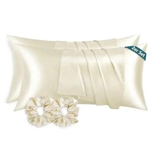 Produktbild: RUIKASI Satin Kissenbezug 40 x 80 Beige - 2er Set weicher Kopfkissenbezug wie Seidenkissenbezug 40x80 für Haar und Haut mit 2 Haargummis, Bessere Pflege als Silk Pillow Case Pillow Cover