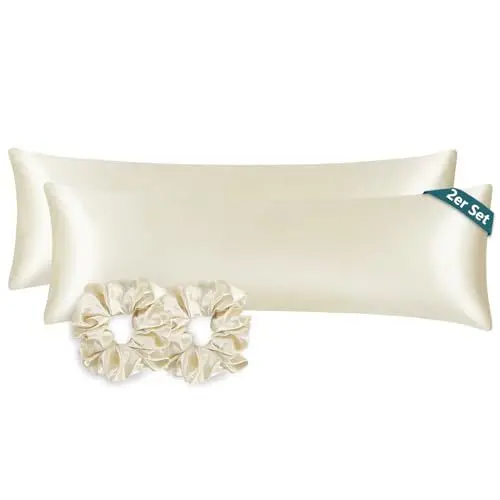 Produktbild: RUIKASI Seitenschläferkissen Bezug 40x145 Beige - Satin Kissenbezug 2er Set mit Reißverschluss wie Seidenkissenbezug mit 2 Haargummis，Kopfkissenbezug 145x40 für Seitenschläfer Kissen