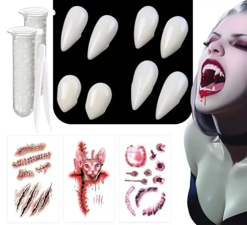 Produktbild: RUIXUE® 10 Stück Vampir zähne Erwachsene, 4 Größen Vampir zähne, 3 Stück Halloween Tattoos, mit 2 Tube Zahnpellets Kleber, für Cosplay Party Requisiten Halloween Horror Party Reißzähne. (Weiß-B)