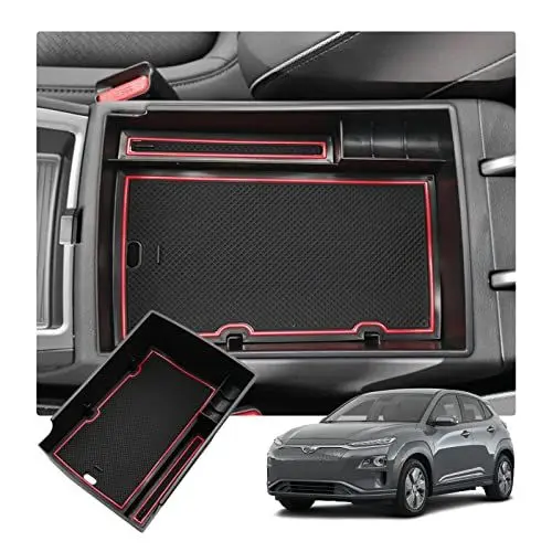 Produktbild: RUIYA Kompatibel für Hyundai Kona Elektro 2018-2023 Mittelkonsole Aufbewahrungsbox Aufbewahrungskiste Veranstalter Armlehne Box Armlehne Organizer Auto Armlehne Aufbewahrungsbox Autozubehör (Rot)