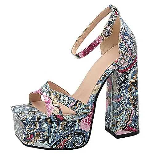 Produktbild: RUKOEVIM Damen Plateau Absatz Chunky Knöchelriemchen Block Heeled Sandalen Knöchelriemchen Cone Heel Sandalen Square Toe Printed Schuhe Blue Size 36