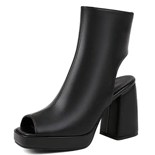 Produktbild: RUKOEVIM Mode Damen Plateau Absatz Chunky Slingback Ankle-wrap Stiefeletten Sandalen Open Square Toe Heels Side Zipper Schuhe Black Size 46