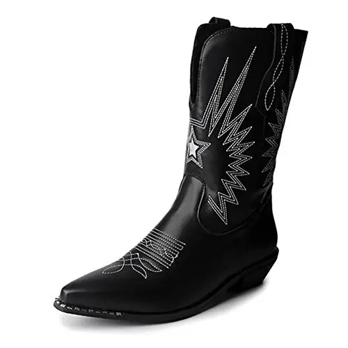 Produktbild: RUKOEVIM Mode Damen Pointed Toe Embroidered Cowboy Stiefel Harness Straps Stiefel Cone Heel Chelsea Stiefel Casual Knöchel Stiefel Dressy Stiefel Black Size 41