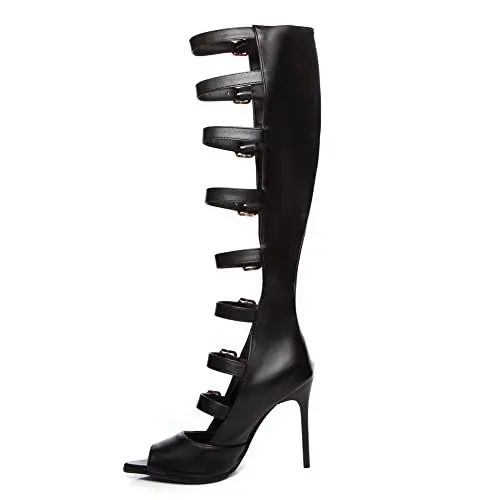 Produktbild: RUKOEVIM Mode Damen Stiefel Open-toe Stiletto High Heel Atmungsaktiv Sommerstiefel Romisch Stiefel Belt Schnalle Stiefel Spitze-up Stiefel Black Size 45