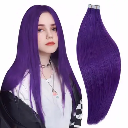 Produktbild: RUNATURE Lila Tape in Extensions Echthaar Bunt 30cm Remy Tape Haarverlangerung Echthaar Purple Invisible Tape in Echthaar Extensions 20g 10 Stuck