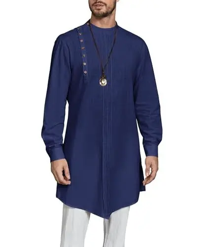Produktbild: Runcati Herren Baumwolle Kaftan Langarm Oversized Gewand Casual Knopf Muslim Hemd Dunkelblau XX-Groß