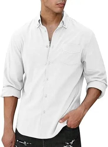 Produktbild: Runcati Herren Hemd Langarm Freizeithemd Regular Fit Businesshemd mit Tasche Einfarbig Basic Casual Hemd Weiß XL