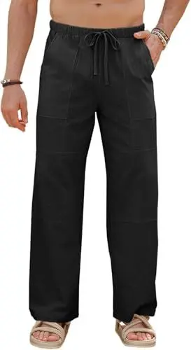 Produktbild: Runcati Herren Hose Baumwolle Straight Leg Yoga Hose Männer Herbst Loose Fit Strand Leicht Einfarbig Freizeithose mit Taschen Elastischer Bund, Schwarz, M