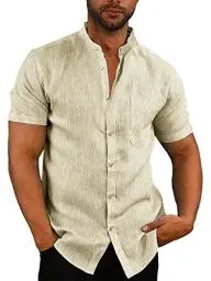 Produktbild: Runcati Herren Kurzarm Leinenhemd Sommer Baumwolle Hemden Stehkragen Lässig Business Shirt Oberteile, Beige, XL