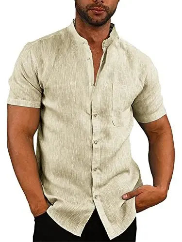 Produktbild: Runcati Herren Kurzarm Leinenhemd Sommer Baumwolle Hemden Stehkragen Lässig Business Shirt Oberteile, Beige, XL