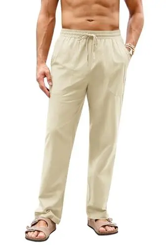 Produktbild: Runcati Herren Lang Leinenhose Leicht Freizeithose Loose Strandhose Yoga Männer Baumwolle Sommerhose, Beige, XL