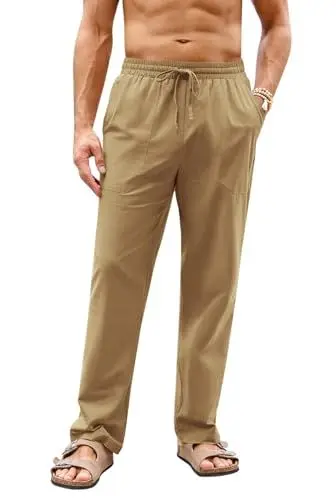 Produktbild: Runcati Herren Lang Leinenhose Leicht Freizeithose Loose Strandhose Yoga Männer Baumwolle Sommerhose, Khaki, L