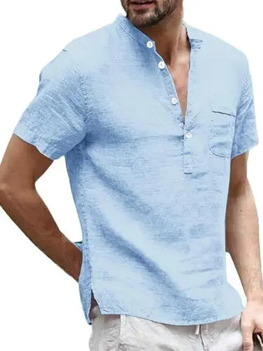 Produktbild: Runcati Herren Leinenhemd Henley Shirt Hemd Herren Kurzarm Freizeithemd Sommerhemd Business Shirts für Männer, Blau, XL