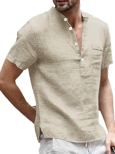 Produktbild: Runcati Herren Leinenhemd Henley Shirt Hemd Herren Kurzarm Freizeithemd Sommerhemd Business Shirts für Männer, Khaki, M