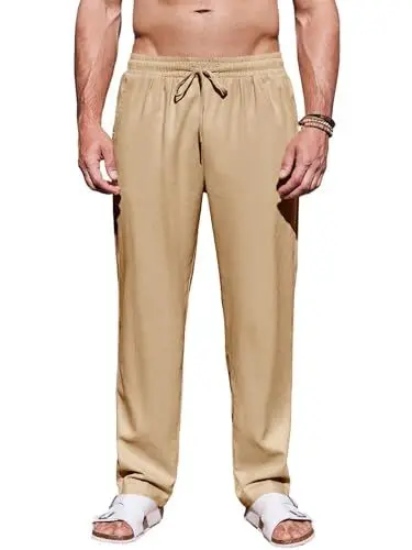 Produktbild: Runcati Herren Leinenhose Lang Leicht Hosen Loose Fit Sommerhose Angenehme Freizeithose mit Kordelzug Beige X-Groß