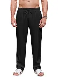 Produktbild: Runcati Herren Leinenhose Lang Leicht Hosen Loose Fit Sommerhose Angenehme Freizeithose mit Kordelzug Schwarz X-Groß