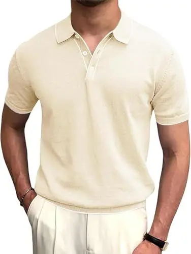 Produktbild: Runcati Herren Poloshirt Kurzarm Golf Tennis Polo T-Shirts Atmungsaktiv Outdoor Funktionell Sportshirt Basic Freizeit Casual Tops Sommer Beige M
