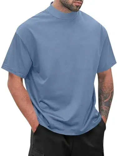 Produktbild: Runcati Herren Stehkragenshirt Kurzarm Mock T-Shirt Turtleneck Sommer Einfarbig Basic Tee Tops, Blau, XL