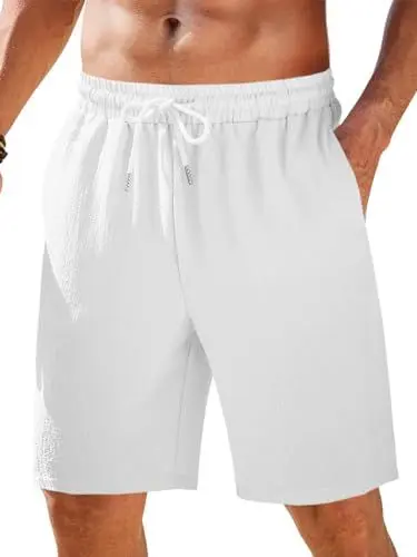 Produktbild: Runcati Kurze Hosen Herren Sommer Sporthose Beach Shorts mit Taschen Gummizug Leicht Freizeithose, Weiß, XL