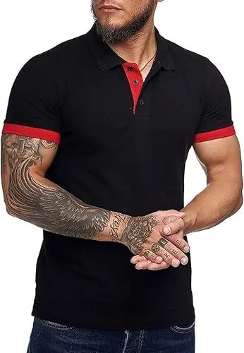 Produktbild: Runcati Poloshirt Herren Kurzarm Polohemd Männer Kontrast Slim Fit Polo Shirt Sommer Baumwolle Klassisches T-Shirt Basic für Büro und Freizeit, Schwarz, M