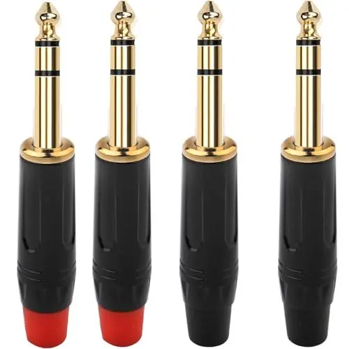 Produktbild: RUNCCI-YUN 4 Stück 6.35mm TRS Stecker 3 Polig Stereo 6.35mm TRS Löten Audio Stecker,vergoldet,Löt-Typ, DIY-Audio-Stecker für Lautsprecher Mikrofon Mixer Kabel (Schwarz*2+Rot*2)