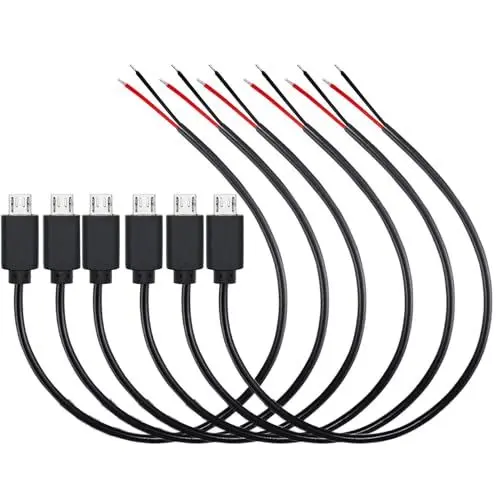 Produktbild: RUNCCI-YUN 6 Stück 30cm 22AWG Micro USB Stecker Pigtail Stromkabel, 5V 3A Micro USB Stecker auf 2-Poligen Blanken Draht Offenes Ende, USB Pigtail Kabel-Verlängerungskabel, für LED-Leuchten, Fans