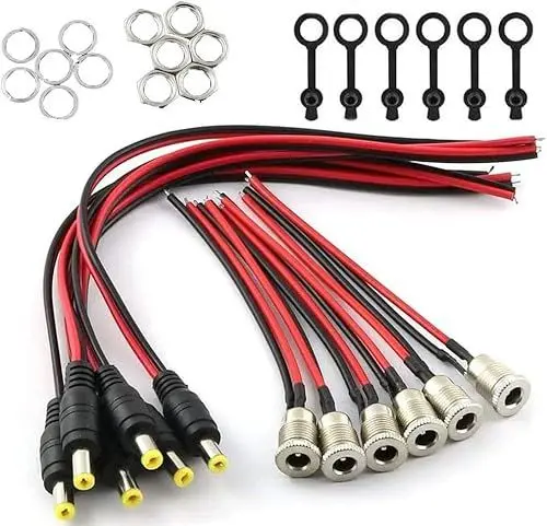 Produktbild: RUNCCI-YUN DC 12V Mount Adapter Set, 6X 18AWG DC Hohlstecker（Mit Kabel） 6 X 20AWG DC Power Jack Socket 5,5 X 2,1 mm DC Stecker Buchse Adapter für Audio/Video/Handy/Überwachungskameras