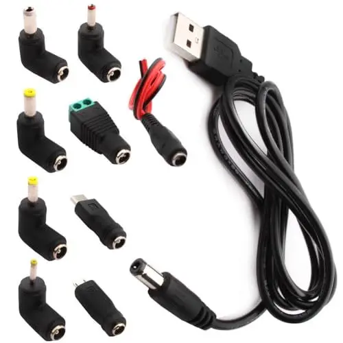 Produktbild: RUNCCI-YUN Universal USB auf DC 5V Stecker Kabel,9 in 1 USB A auf Hohlstecker,DC Netzteil Adapter Kabel für Router, Mini-Lüfter, Lautsprecher und weitere 5-V-Geräte (1m, schwarz)