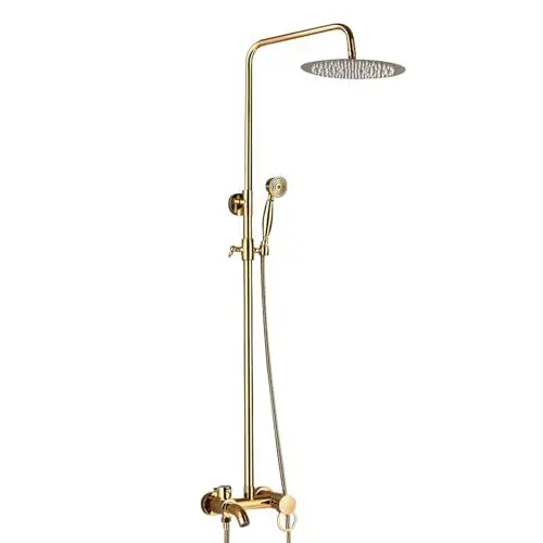Produktbild: Rund Regendusche Duschpaneel Set, Duscharmatur Duschsystem mit Handbrause, Duschkopf mit Verlängerungsarm, Duscharmatur Duschsäule Regendusche Duschset Verstellbarer Brausestangenkopf, Gold