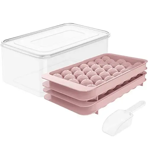 Produktbild: WIBIMEN Runde Eiswürfelform, 2,5 cm x 66 Stück Eiswürfelform für Gefrierschrank mit Behälter, Mini-Kreis-Eiswürfelform, Kugelform, Eiskühlung, Tee und Kaffee (Rosa)