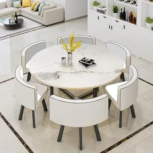Produktbild: Runder Esstisch mit 6 Stühlen Set Büro Easy Konferenztisch Besprechungstisch Tisch Empfang for Esszimmer,Küche & Wohnzimmer,110x110 cm(Bianco)