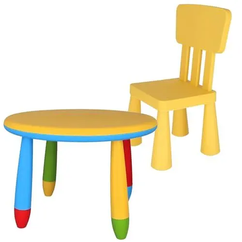 Produktbild: Runder Kindertisch gelb, Ø70 x H 48 cm und 1 gelber Kinderstuhl aus robustem und strapazierfähigem Kunststoff, L: 38 cm x B: 35 cm x H: 67 cm