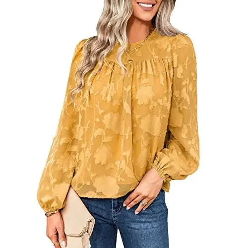 Produktbild: Rundhals Lose Bluse Damen Elegantes Lockeres Top Blumendruck Chiffon Langarm Top Shirt Oberteil Lässige Pullover Shirts Bluse(L-Gelb)