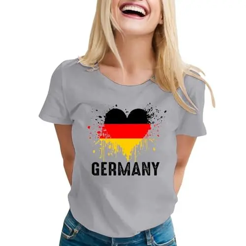 Produktbild: Rundhalsausschnitt Kurzarm T-Shirt Tops Damen Sommer Rundhalsausschnitt Deutschlandflagge Bedruckt Lockeres Freizeitoberteil Seidenbluse Hemd (Grau S)