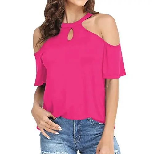 Produktbild: Sanft Clubbing Swing Locker Bluse Women Rundhals Kalte Schulter Ärmel Shirt Sommer Volant BlüMchen Lässig Shirts Damen A288