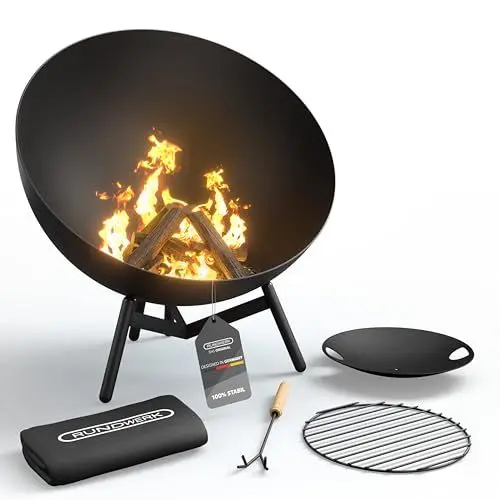Produktbild: Rundwerk® Feuerschale für den Garten - Ø 60cm - Geneigte & horizontale Position - Outdoor Feuerstelle - Ideal für Terrasse – firebowl - Wetterfest, Funkenschutz und Windgeschützt - Stahl - schwarz