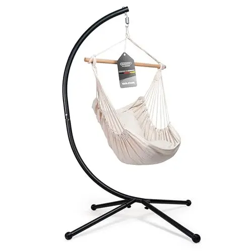 Produktbild: Rundwerk® Hängesessel mit Gestell - All Inclusive mit 2 Kissen - für Indoor & Outdoor ideal für Balkon & Garten - Hängestuhl - Hängesitz - Hängeschaukel - Hängematte- Schaukeltuch - Beige